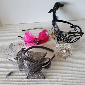 3 Fascinator Lot 1 glasses Feathers Headband Wedding Party Pink Cream Grey Black